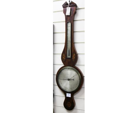 A George III inlaid mahogany wheel barometer, with silvered thermometer and dial signed J. Ponisi, London, 3ft 3in.