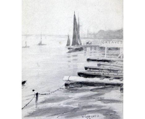 Walter Greaves (1846-1930)watercolour,'Nocturne, Thames', signed, 7.25 x 11in. and a monochrome sketch of Thameside jetties,s