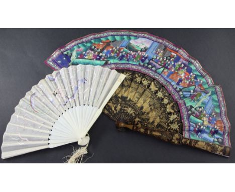 Two Chinese cased fans, 19th century, the first a paper leaf '100 face' painted and overlaid fan with gilt decorated black la