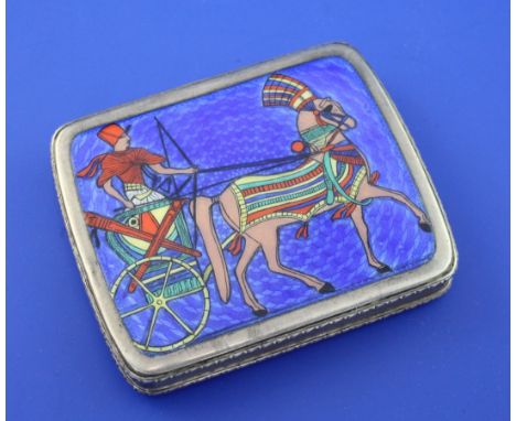 A 1940's Egyptian 800 standard silver and guilloche enamel cigarette case, of shaped rectangular form, the lid decorated with