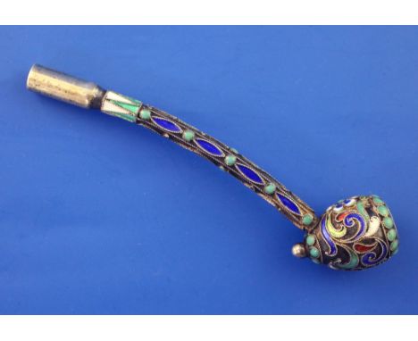 A late 19th/early 20th century Russian 84 zolotnik silver and cloisonne enamel miniature pipe, with bead and floral scroll de