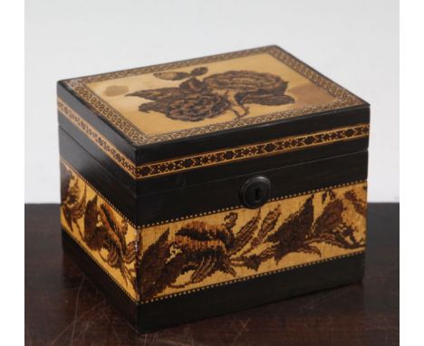 A Tunbridge ware coromandel flower bouquet tea caddy, 8.5in.