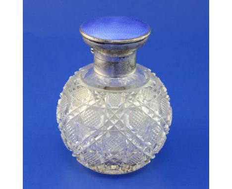 A George V silver and guilloche enamel lidded hobnail cut glass scent bottle, of globular form, indistinct maker's mark, Birm