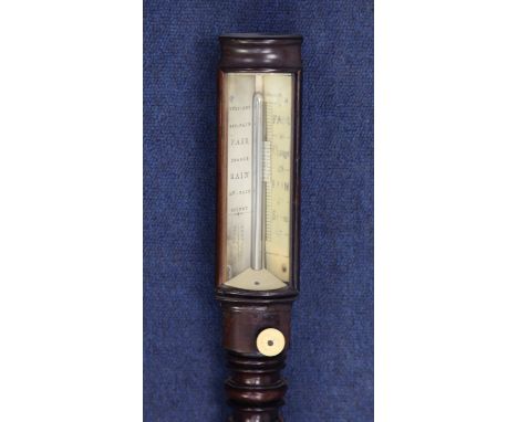 An early Victorian carved mahogany stick barometer, with ivory scale and thermometer, signed York & Jones, Liverpool, 3ft