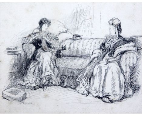 Claude Shepperson (1867-1921)pen and ink cartoon,Lady (To Caller) "You won't mind my going on with my work while you were her