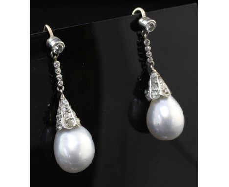 A pair of Victorian style platinum and gold, cultured baroque pearl and diamond set drop earrings, approx. 1.5in.