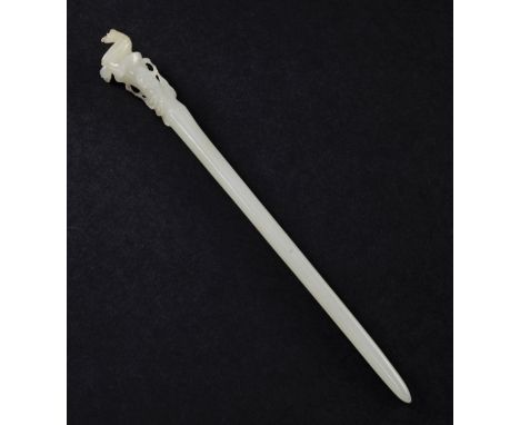 A Chinese pale celadon jade hair pin, 18th / 19th century, the terminal finely carved in openwork with two parrots and blosso