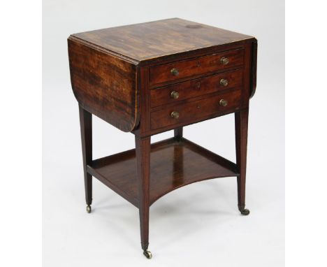 A George III mahogany and rosewood crossbanded Pembroke work table, fitted with two drawers above open shaped shelf, uniting 