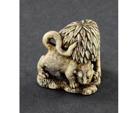 A Japanese stained ivory netsuke of a tiger crouching beneath a tree, 18th / 19th century, unsigned, 4.2cm.