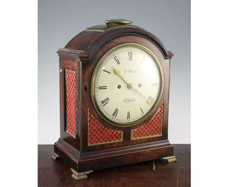 A George III brass mounted mahogany hour repeating bracket clock, with plain arched case, later painted Roman dial signed W.J