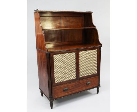 A Regency mahogany chiffonier, the top with three quarter pierced arched gallery above a single open shelf, with shaped sides