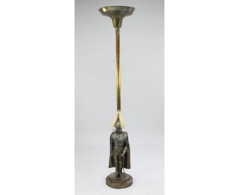 A 1930's brass standard lamp, by Banksway, modelled as an uplighter, mounted with a figure of a Royal Horseguards soldier, on