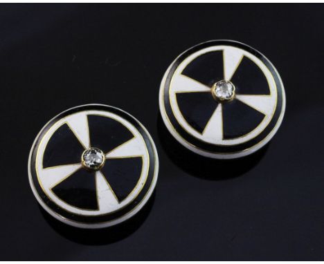 A pair of Victorian unmarked gold and diamond set checkered enamel circular buttons/studs, each inscribed en verso "G.S.S. Xm