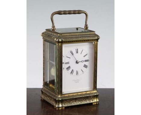 Margaine. A 19th century French engraved brass hour repeating carriage clock, with later top plate, enamelled dial signed How