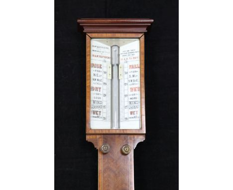 A late Victorian satinwood banded mahogany stick barometer, with opaque glass scale and thermometer, signed R. McQueen & Son,