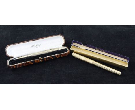 A 15ct gold Mabie Todd swan fountain pen, with engine turned bands, together with a 9ct gold life long ejector pencil in case