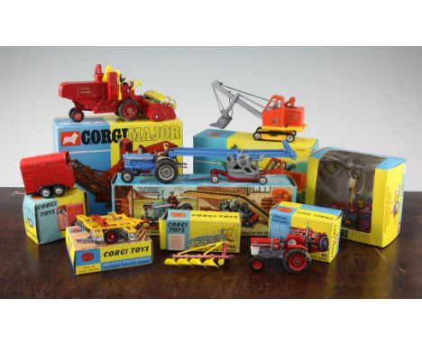 A Corgi Major 111780 combine harvester, a Corgi Major 1128 Priestman cub shovel, a Corgi 47 giftset, Corgi 71 Harrow, Corgi 5