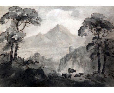 William Gilpin (1724-1804)ink and wash drawing,Cattle in a landscape,Studio stamp, Abbott & Holder label verso,6.5 x 9in.