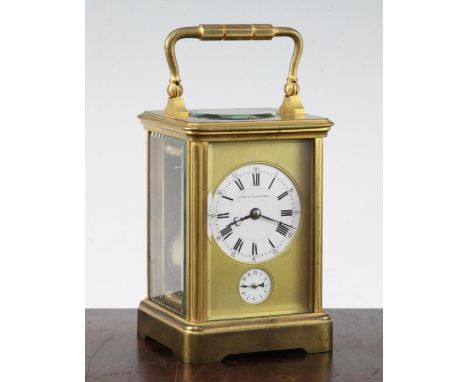 A 19th century gilt brass carriage alarum clock, with enamel dials and movement striking on a bell, signed Paul Garnier and n