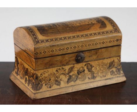 A Tunbridge ware bird's eye maple 'Battle Abbey' mosaic dome top tea caddy, 7in.