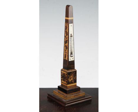 A Tunbridge ware 'Cleopatra's Needle' rosewood mosaic thermometer, 10in.