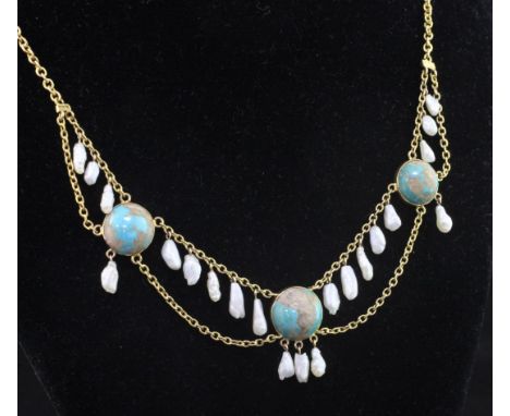 An Edwardian 9ct gold cabochon turquoise and baroque pearl drop necklace, with chain swags, 15.5in.