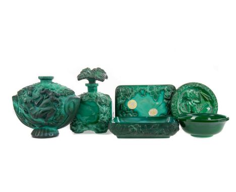 BOHEMIAN ART DECO MALACHITE GLASS COMPOSITE FOUR-PIECE DRESSING TABLE SET,comprising two jars and covers, a scent bottle and 