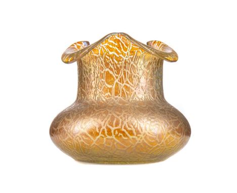 ART NOUVEAU IRIDESCENT GLASS VASE,in the manner of Loetz, with shaped trefoil rim over a squat ovoid body, polished pontil, 1
