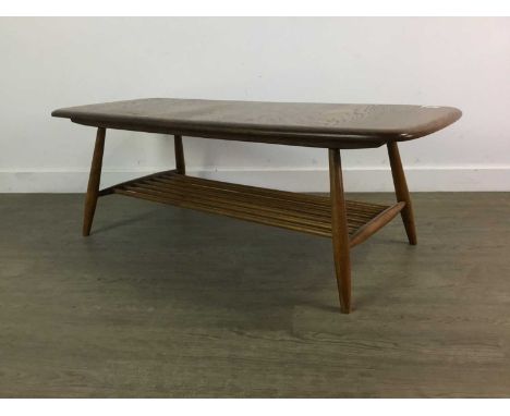 ERCOL STAINED ELM COFFEE TABLE,with lower shelf, 36cm x 104cm x 44cm