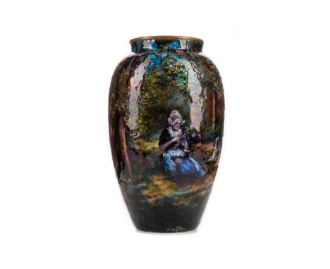 JULES SARLANDIE FOR LIMOGES, ENAMELLED VASEdecorated with a maiden and spaniel in woodland, lake and mountain landscape, sign