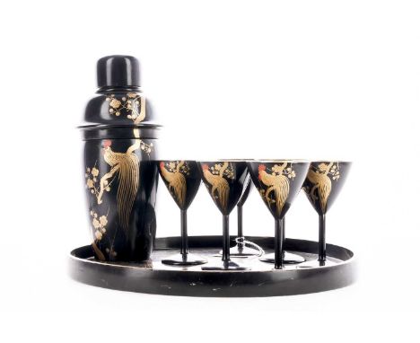 ART DECO JAPANESE LACQUERED COCKTAIL SET,circa 1930s, comprising shaker, six glasses and a tray, decorated with a cockerel am