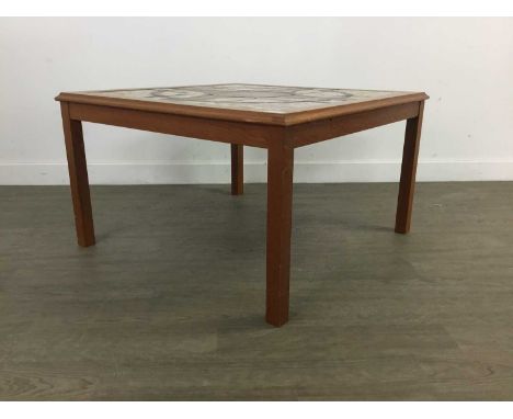 DANISH TEAK TILE-TOPPED COFFEE TABLE,by Trioh, deocrated with an absract geometric design, stamped to underside, 70cm wideCon