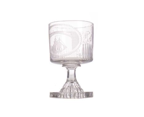 FINE REGENCY SUNDERLAND BRIDGE GLASS RUMMER,the generous bucket bowl wheel engraved with a depiction of a masted ship sailing