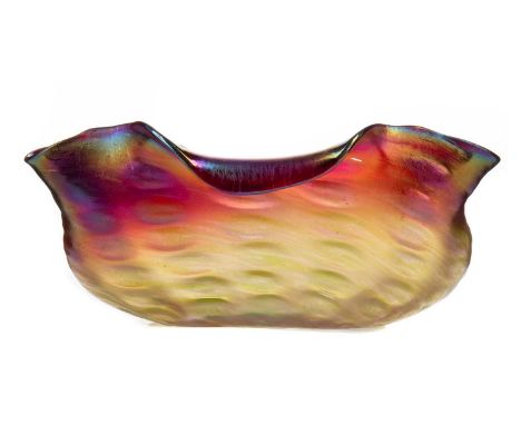 ART NOUVEAU IRIDESCENT GLASS BOWL,in the manner of Loetz, of shaped oblong form with moulded body, 22.7cm wide