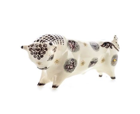 ERIC RAVILIOUS AND ARNOLD MACHIN FOR WEDGWOOD, TAURUS BULL CERAMIC SCULPTURE,decorated with signs of the zodiac, stamped Wedg