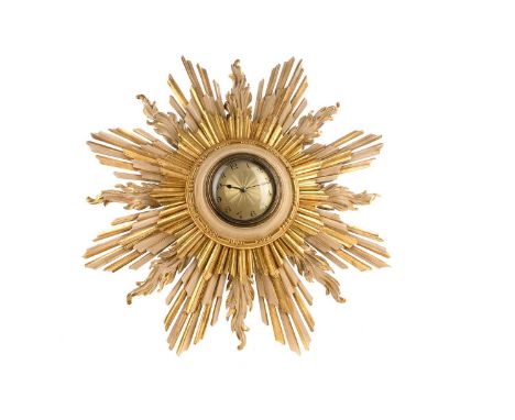 FRENCH ART DECO GILT COMPOSITION SUNBURST WALL CLOCK,the gilt dial set with Arabic numerals, 45cm diameterCondition generally