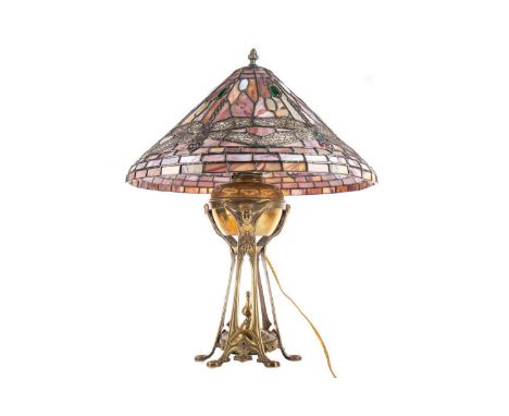 HINK'S ART NOUVEAU CONVERTED OIL LAMP BASE,the associated Tiffany-style leaded glass shade with dragonfly designs, inset opal