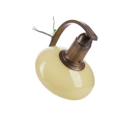 ART DECO WALL LIGHT FITTING,with curved brass bracket and opaque pale yellow glass shade, 16cm high