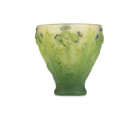 HENRI BERGE (FRENCH 1868-1936) &amp; AMALRIC WALTER (FRENCH 1870–1959), PATE-DE-VERRE THISTLE VASE,circa 1920, of conical tap