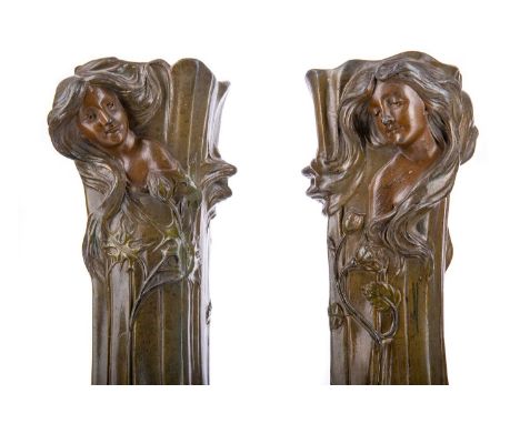 PAIR OF ART NOUVEAU BRONZED SPELTER VASES,each of tapered square section to bulbous base, cast with female busts over foliage