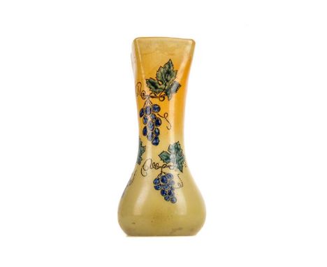 ART NOUVEAU GLASS VASE BY LEGRAS,of waisted square section to cylindrical form, enameled with fruiting vines and signed Leg, 