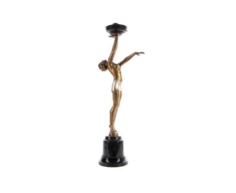 ART DECO BRONZED SPELTER FIGURAL LAMP,in the manner of Josef Lorenzl, modelled as a semi-nude female with opaque glass shade,