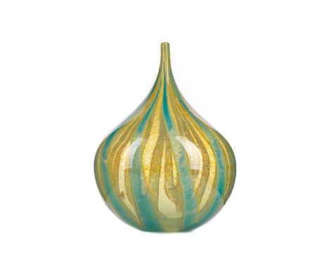 MICHAEL HARRIS (BRITISH, 1933-1994) FOR MDINA, GLASS ONION VASE,circa 1974, in swirled and mottled turquoise and yellow tones