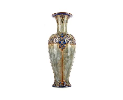 LARGE ART NOUVEAU STONEWARE VASE BY ROYAL DOULTON,decorated in relief with stylised foliage on a mottled grey ground, impress