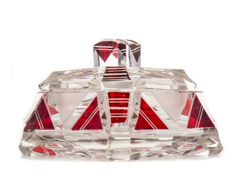 ART DECO RUBY FLASHED GLASS DRESSING TABLE JAR,retaining sticker, 9cm wide