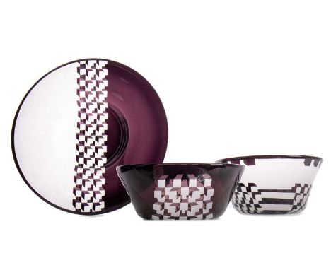 ANITA PATE (SCOTTISH CONTEMPORARY), STUDIO GLASS PLATE AND TWO BOWLS,with monochrome geometric designs, all signed to bases, 