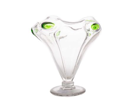 STUART &amp; SONS, ART NOUVEAU GLASS PEACOCK VASE,tapered conical bowl to circular foot, with moulded green to clear trailing