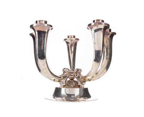 AUSTRIAN ART DECO SILVER PLATED FIVE-BRANCH CANDELABRUM,the sconces over tapered columns, issuing from a central ball to dome