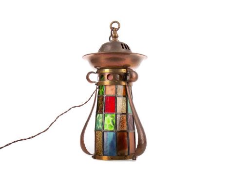 ARTS &amp; CRAFTS COPPER AND BRASS HALL LANTERN,the tapered leaded glass shade set with polychrome panels, 48cm high, with ch