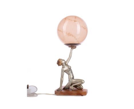 ART DECO FIGURAL LAMP ATTRIBUTED TO JOSEF LORENZL (AUSTRIAN, 1892-1950),cold painted spelter, modelled as a kneeling semi-cla